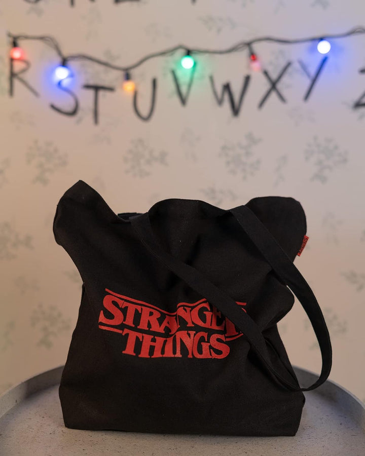 Official Stranger Things Logo Black Cotton Tote Bag - Cotton Shopping Bag