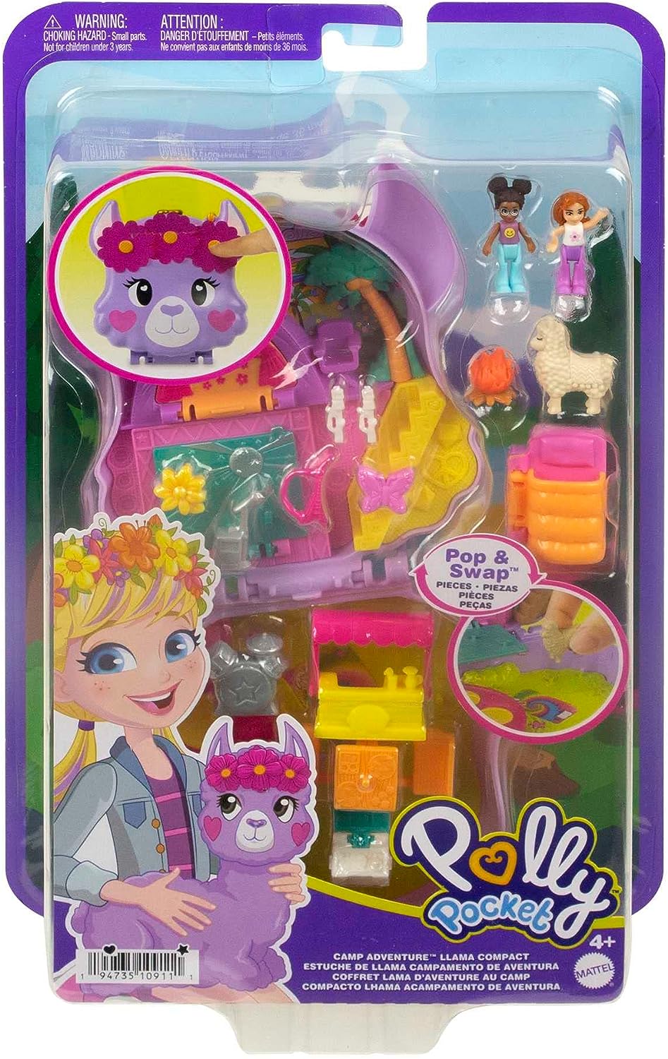 Polly Pocket Mini Toys, Camp Adventure Llama Compact Playset with 2 Micro Dolls