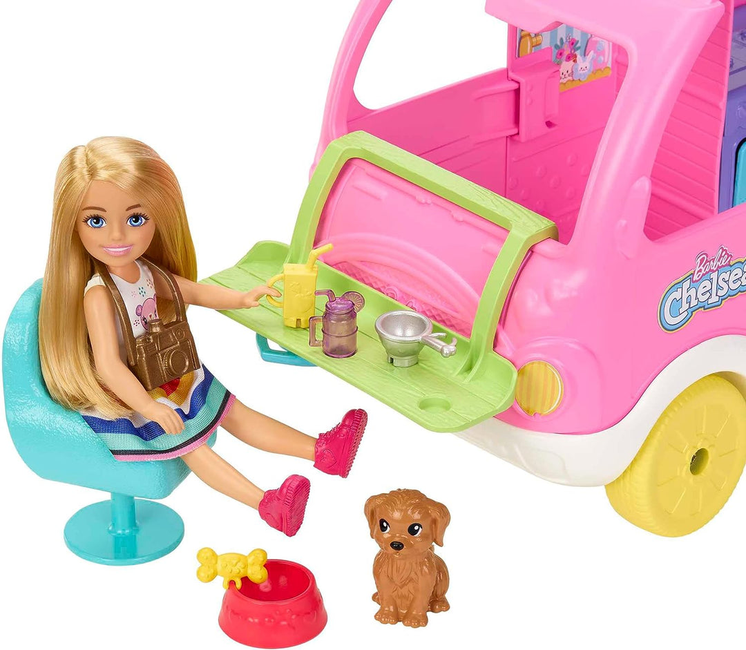 Barbie Camper, Chelsea 2-in-1 Playset with Small Doll, 2 Pets & 15 Accessories