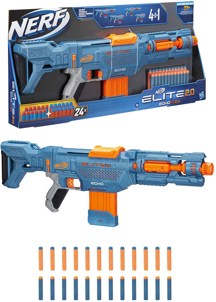 Nerf Elite 2.0 Echo CS-10 Blaster 24 dardos Nerf oficiales, clip de 10 dardos, culata extraíble y extensión de cañón, 4 rieles tácticos