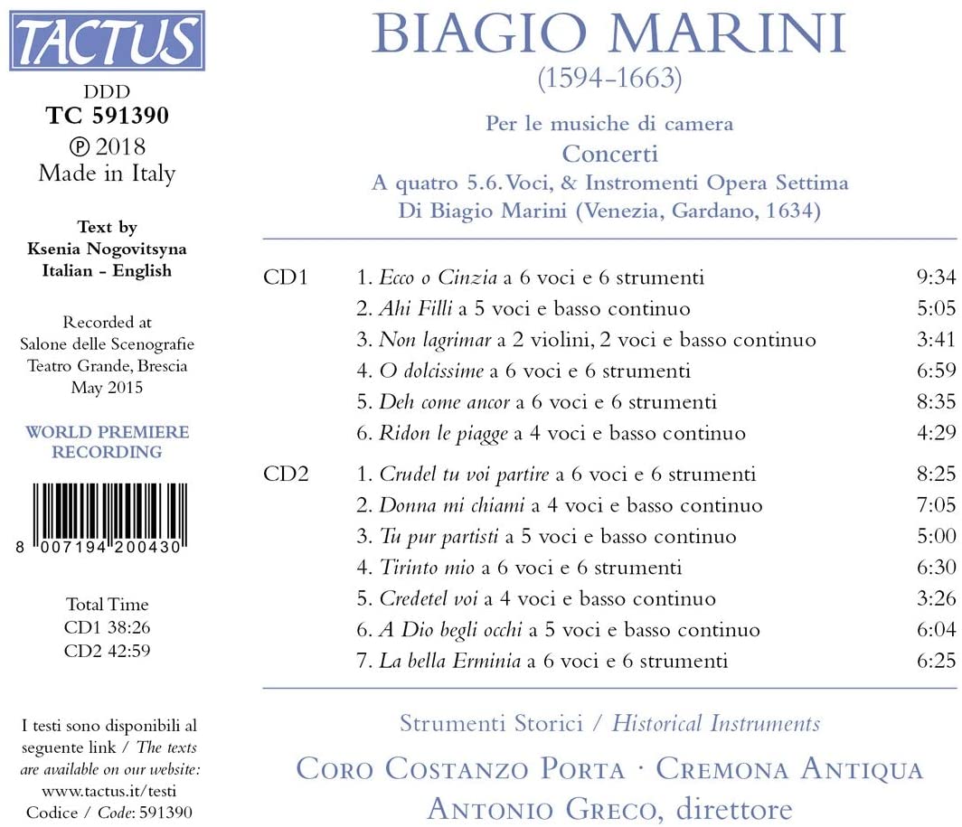 Marini: Concerti A Quatro [Costanzo Porta Ensemble; Cremona Antiqua; Antonio Greco] [Tactus: TC 591390] [Audio CD]