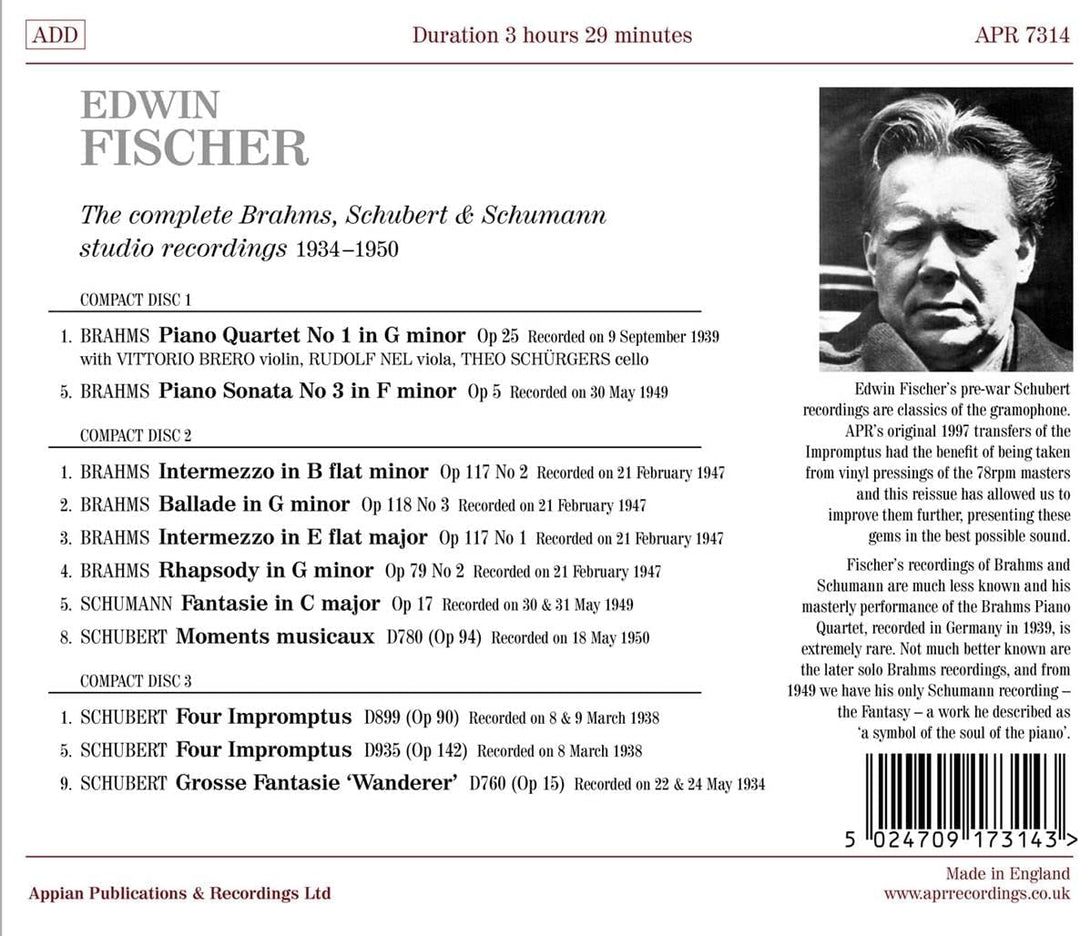 Fischer: Studio Recordings [Edwin Fischer] [Apr: APR_7314] [Audio CD]