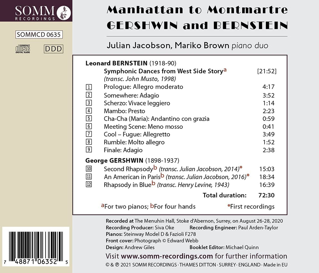 Manhattan To Montmartre [Julian Jacobson; Mariko Brown] [Somm Recordings: SOMM 0635] [Audio CD]