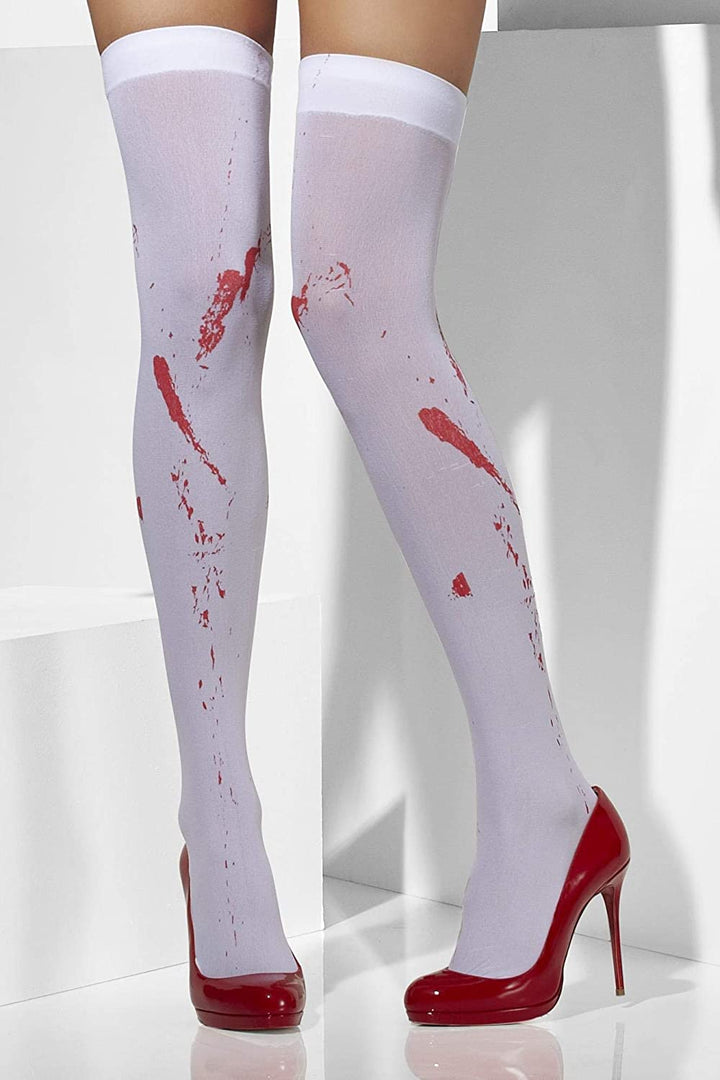 Fever Women’s Opaque Hold-Ups with Blood Stain Print, White, One Size,5020570427552