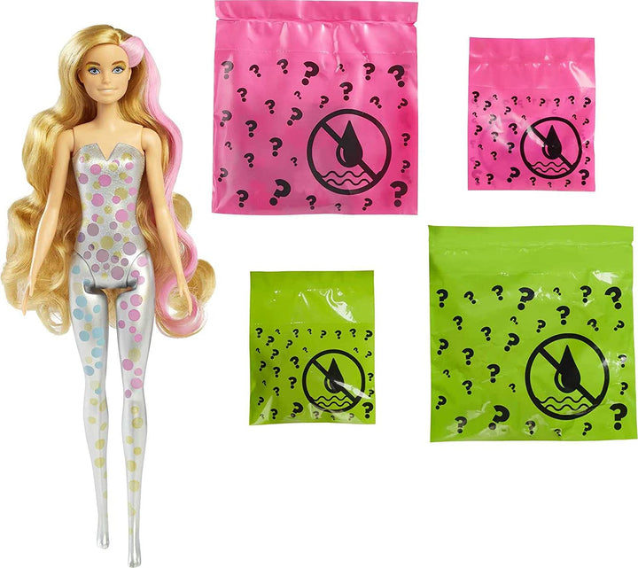 Barbie Color Reveal Doll with 7 Surprises: 4 Bags Contain Skirt, Shoes, Earrings & Brush; Water Reveals Confetti-Print; Doll’s Look & Color Change on Hair & Face; Party Series