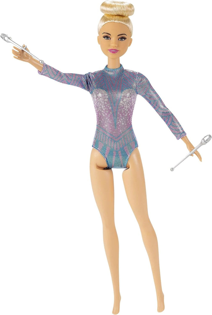 Barbie Rhythmic Gymnast Blonde Doll (12-in/30.40-cm) with Colorful Metallic Leotard, 2 Clubs & Ribbon Accessory, Great Gift for Ages 3 Years Old & Up