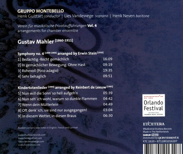 Gruppo Montebello/Vandewege, Lies /Neven, Henk - MAHLER, Gustav:Verein für musikalische Privataufführungen Vol.4 Symf 4/Kindertotenlieder [Audio CD]