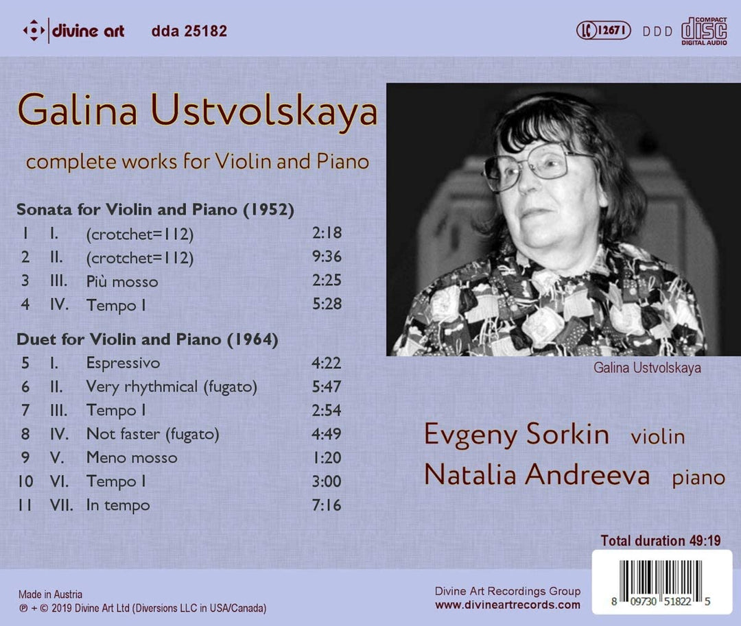 Ustvolskaya: Complete Works for Violin and Piano [Evgeny Sorkin; Natalia Andreeva] [Divine Art: DDA25182] [Audio CD]