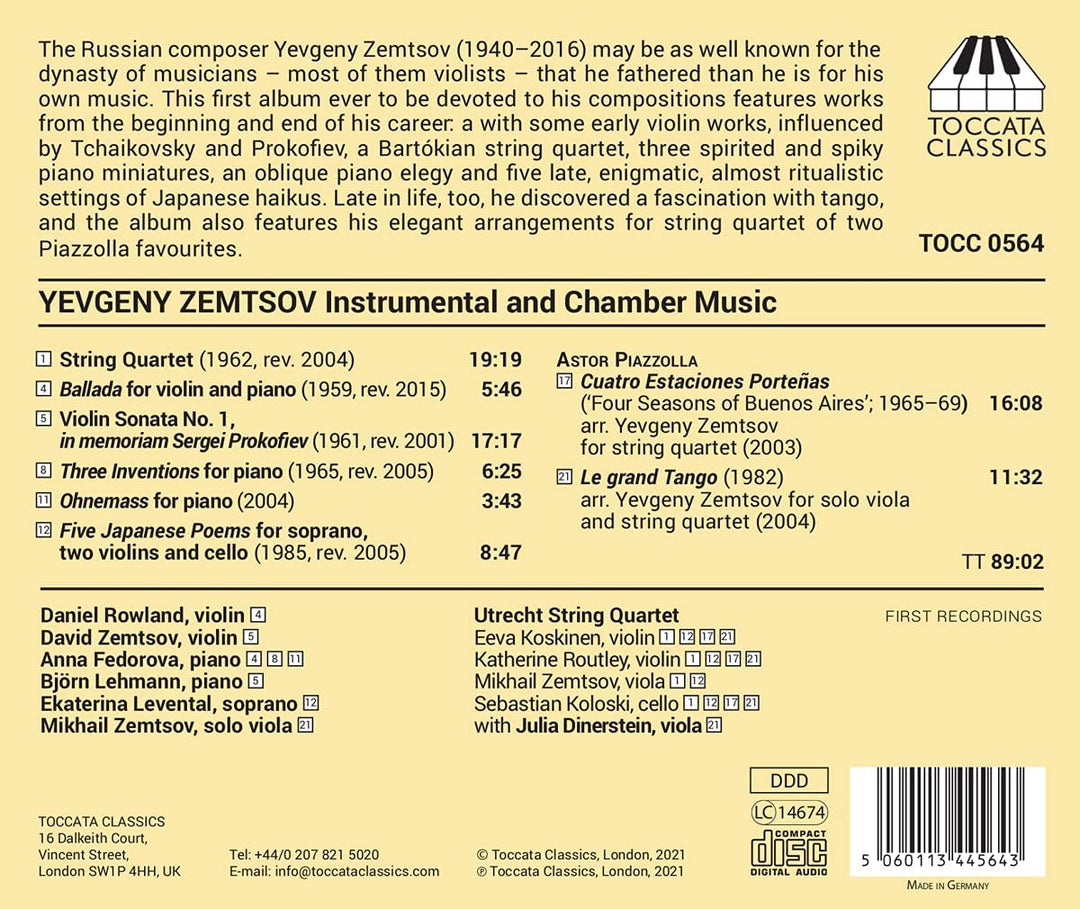 Chamber Arrangements [Ekaterina Levental; Daniel Rowland; David Zemtsov; Julia Dinerstein; Utrecht String Quartet] [Toccata Classics: TOCC 0564] [Audio CD]