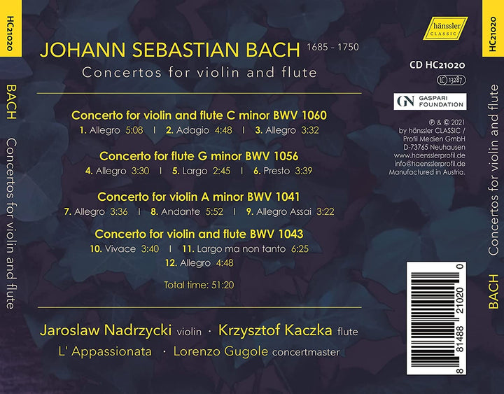 J.S. Bach: Concertos [Krzysztof Kaczka; Jaroslaw Nadrzycki; L'Appassionata; Lorenzo Gugole] [Hanssler Classics: HC21020] [Audio CD]