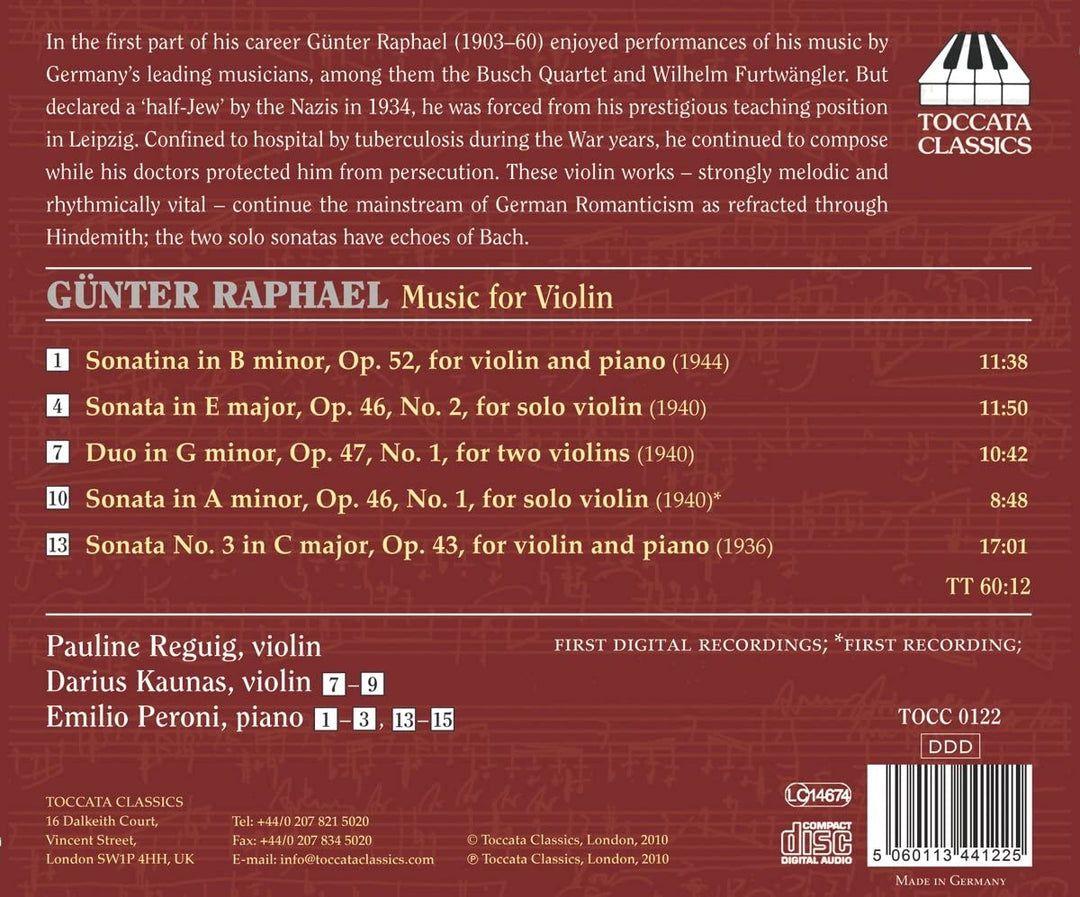 Pauline Reguig - Günter Raphael Music for Violin( TOCC0122) [Audio CD]