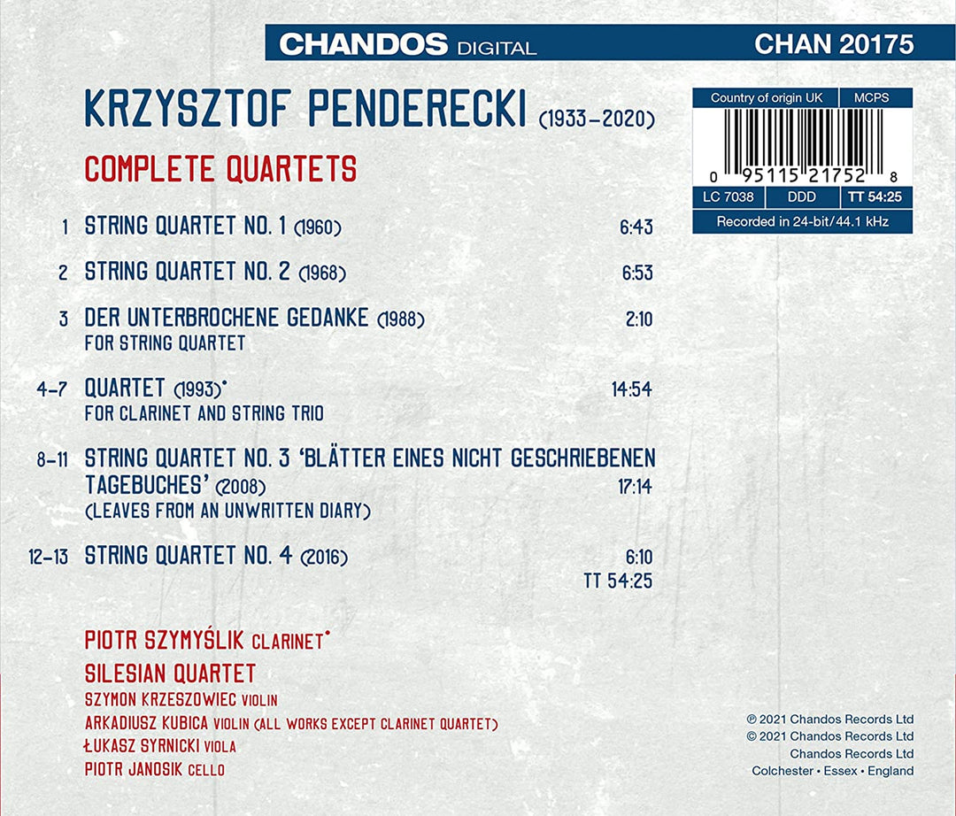 Piotr Szymyślik - Penderecki: Complete Quartets [Piotr Szymy?lik; Silesian Quartet] [Chandos Records: CHAN 20175] [Audio CD]