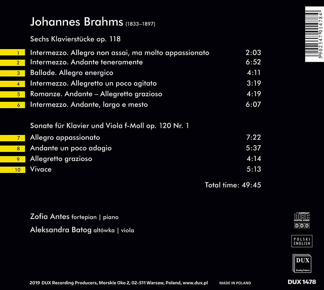 Zofia Antes & Aleksandra Batog - Brahms: Sechs Klavierstuke Op.188, Sonata fur Klavier und Viola Op.120. No.1 [Audio CD]