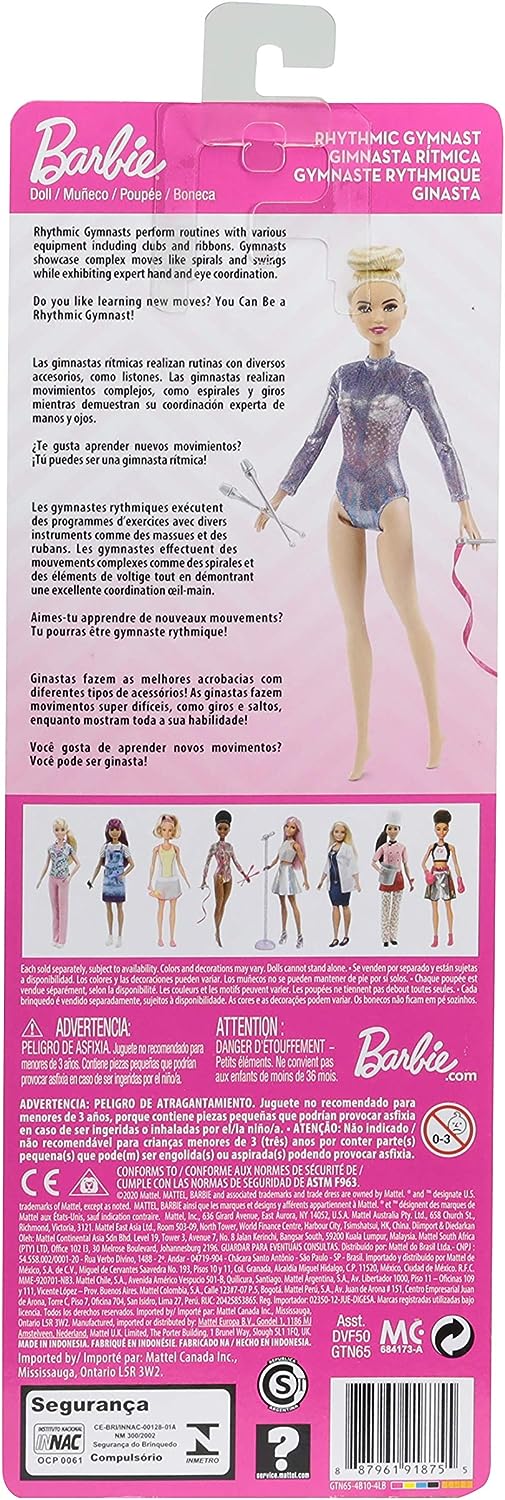 Barbie Rhythmic Gymnast Blonde Doll (12-in/30.40-cm) with Colorful Metallic Leotard, 2 Clubs & Ribbon Accessory, Great Gift for Ages 3 Years Old & Up