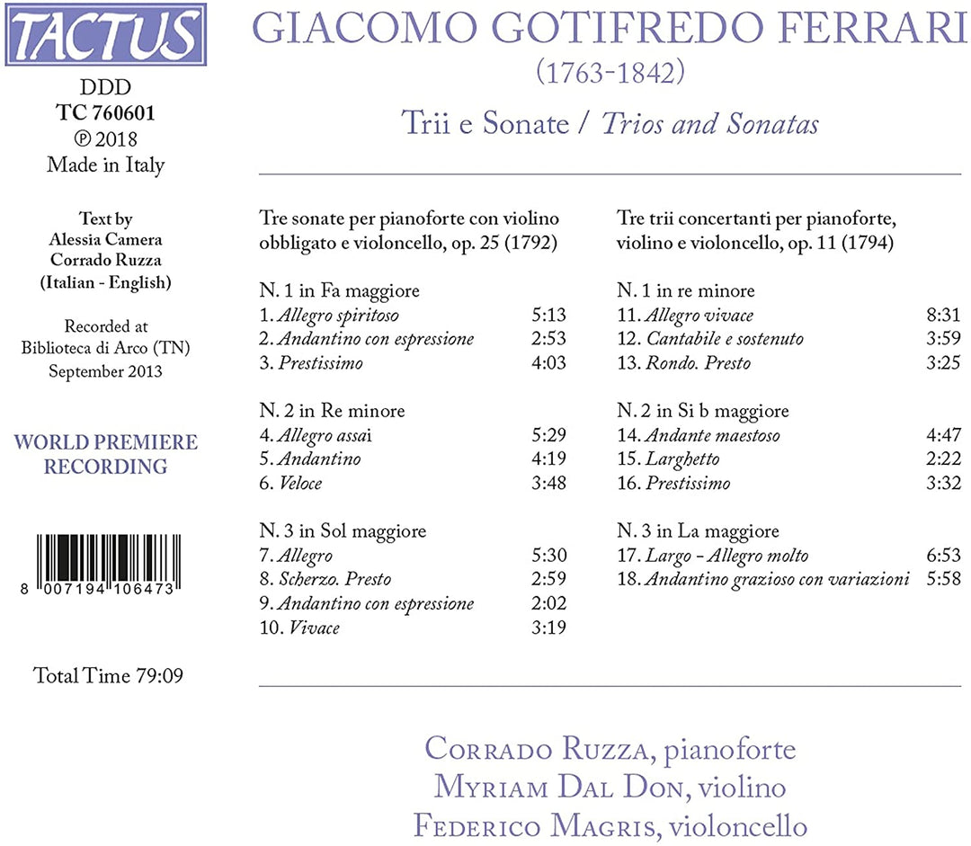 Corrado Ruzza - Ferrari: Trii E Sonate [Corrado Ruzza; Myriam Dal Don; Federico Magris] [Tactus: TC 760601] [Audio CD]