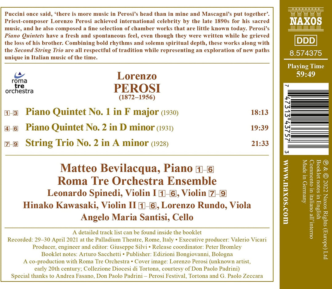 Perosi: Piano Quintets Nos. 1 and 2 [Matteo Bevilacqua; Roma Tre Orchestra Ensem [Audio CD]