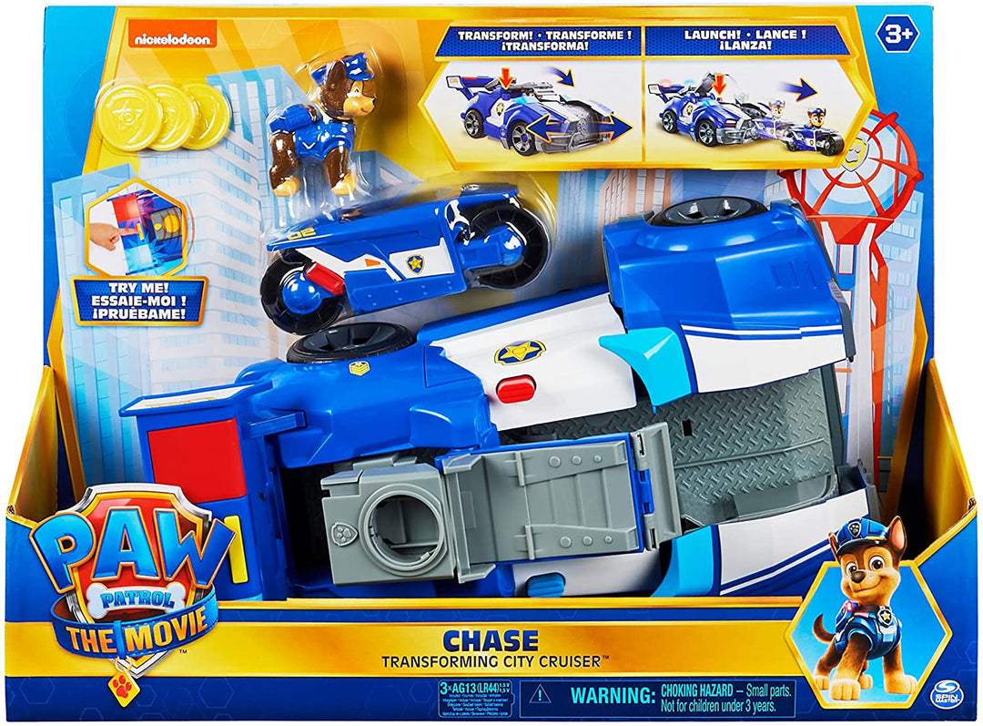 PAW Patrol Chase’s 2-in-1 Transforming Movie City Cruiser Toy Car with Motorcycle, Lights and Sounds and Collectible Action Figure, Kids Toys for Ages 3 and up