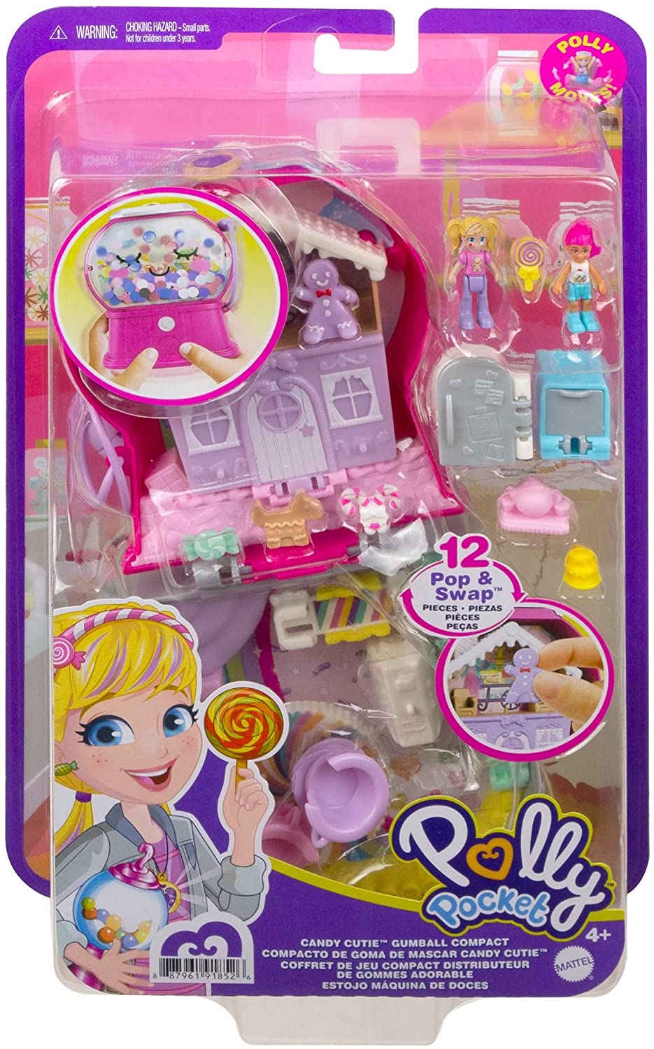 Polly Pocket Candy Cutie Gumball Compact, Gumball Theme with Micro Polly & Margot Dolls, 5 Reveals & 13 Related Accessories