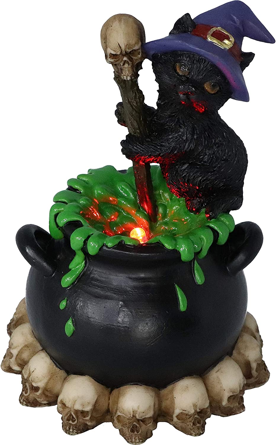 Spook Witches Familiar Black Cat and Bubbling Cauldron Figurine