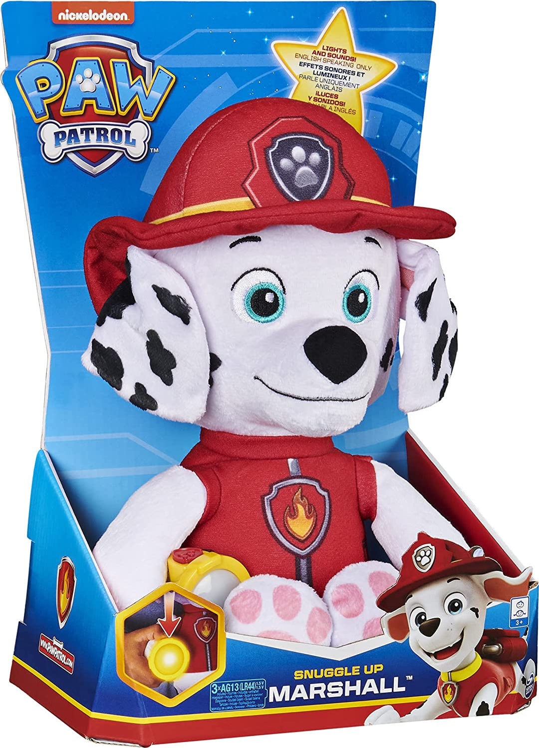 Paw Patrol 6059298, Peluche Marshall Snuggle Up avec torche et sons, pour les enfants de 3 ans et plus