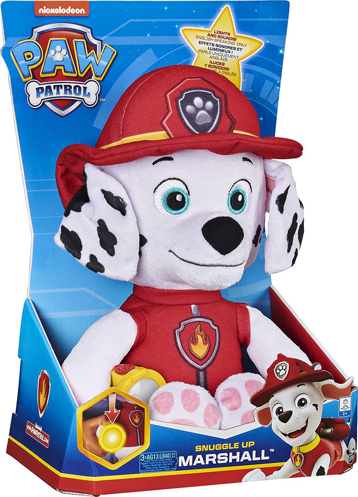 Paw Patrol 6059298, Peluche Marshall Snuggle Up avec torche et sons, pour les enfants de 3 ans et plus