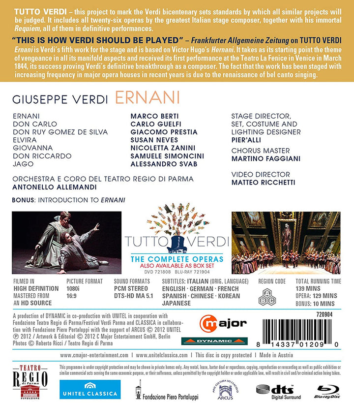 Verdi: Ernani (Parma Festival 2005) (Berti/ Guelfi/ Prestia/ Neves/ Orchestra e Coro del Teatro Regio di Parma/ Antonello Allemansi/ Pier' Alli) (C Major: 720904) [2012] [Region A & B] [Blu-ray]