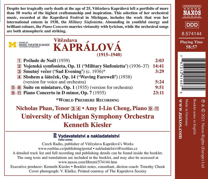 Kapralova: Waving Farewell [Amy I-Lin Cheng; Nicholas Phan; University of Michigan Symphony Orchestra; Kenneth Kiesler] [Naxos: 8574144] [Audio CD]