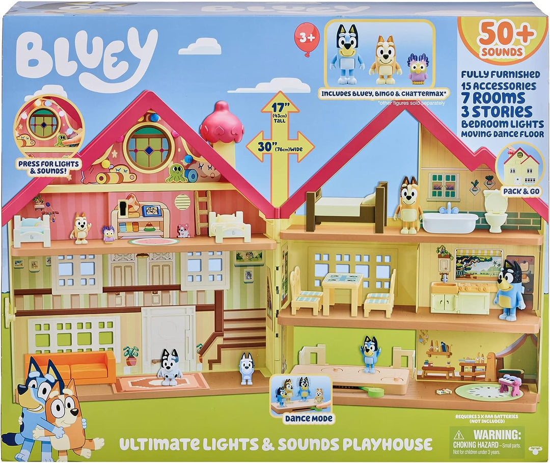 Bluey Ultimate Lights & Sounds Furnished Playhouse Official Collectable 2.5 inch Posable Figures and Accessories