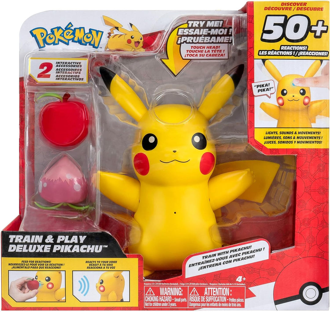 Pokémon Train and Play Deluxe Pikachu - 4.5-Inch Pikachu Figure with Lights, Sounds, and Moving Limbs plus Interactive Accessories