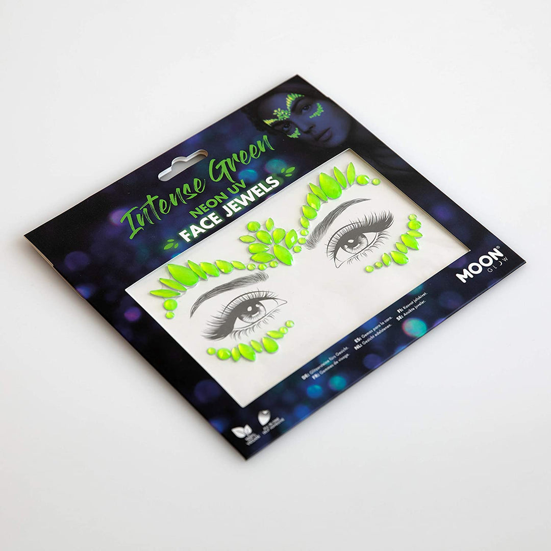 Joyas de neón UV para la cara de Moon Glow - Joyas para el cuerpo de la cara del festival, Pegatinas de brillo de ojos de maquillaje de cristal, Joyas para tatuajes temporales