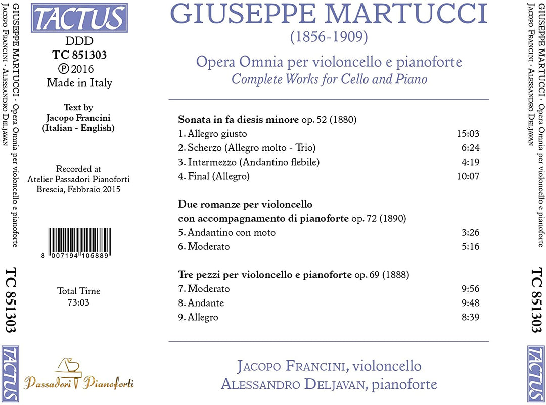 Martucci:Cello/Piano Works [Jacopo Francini; Alessandro Deljavan] [TACTUS: TC 851303] [Audio CD]