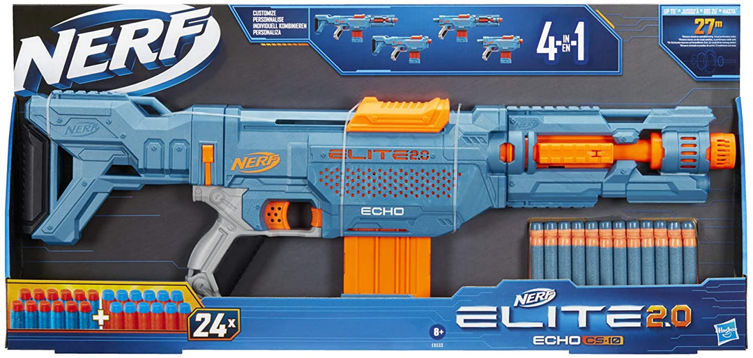 Nerf Elite 2.0 Echo CS-10 Blaster 24 officiële Nerf-darts, 10-dartclip, verwijderbare kolf en loopverlenging, 4 tactische rails