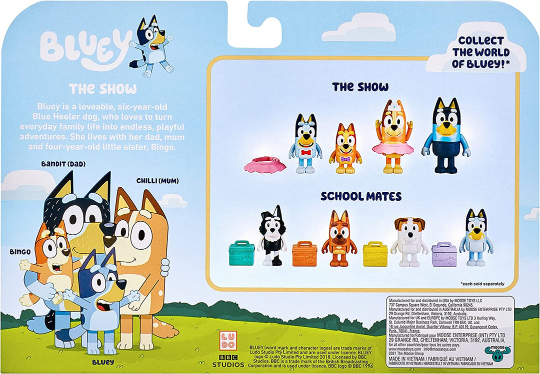 Bluey "The Show" 4-Pack 2.5-3 inch Official Bluey, Bingo, Chilli (Mum) and Bandit (Dad) Collectable Articulated Action Figures