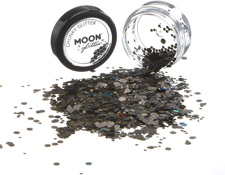 Chunky Holographic Glitter by Moon Glitter - Black - Cosmetic Festival Makeup Glitter for Face, Body, Nails, Hair, Lips - 3g