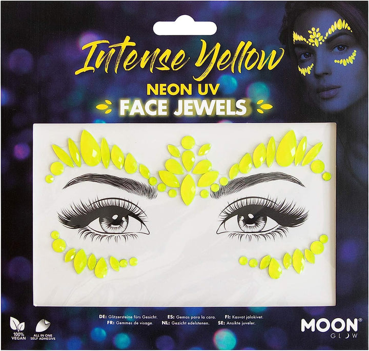 Neon UV Face Jewels by Moon Glow - Festival Face Body Gems, Crystal Make up Eye Glitter Stickers, Temporary Tattoo Jewels (Intense Yellow)