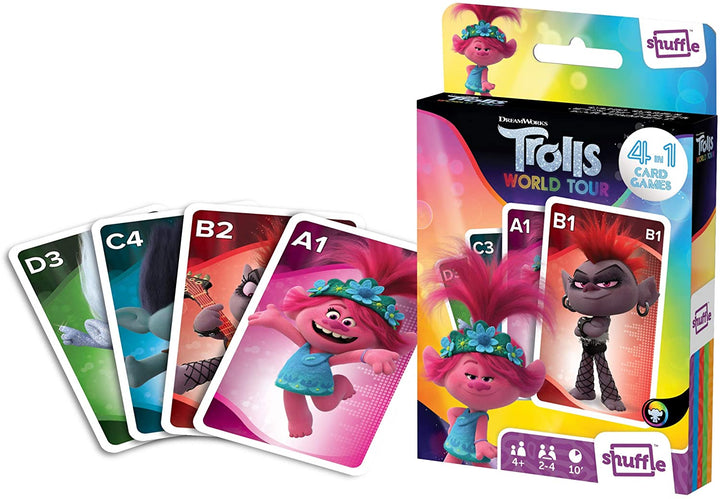 Shuffle Trolls Card Games For Kids - 4 in 1 Snap, Pairs, Happy Families & Action