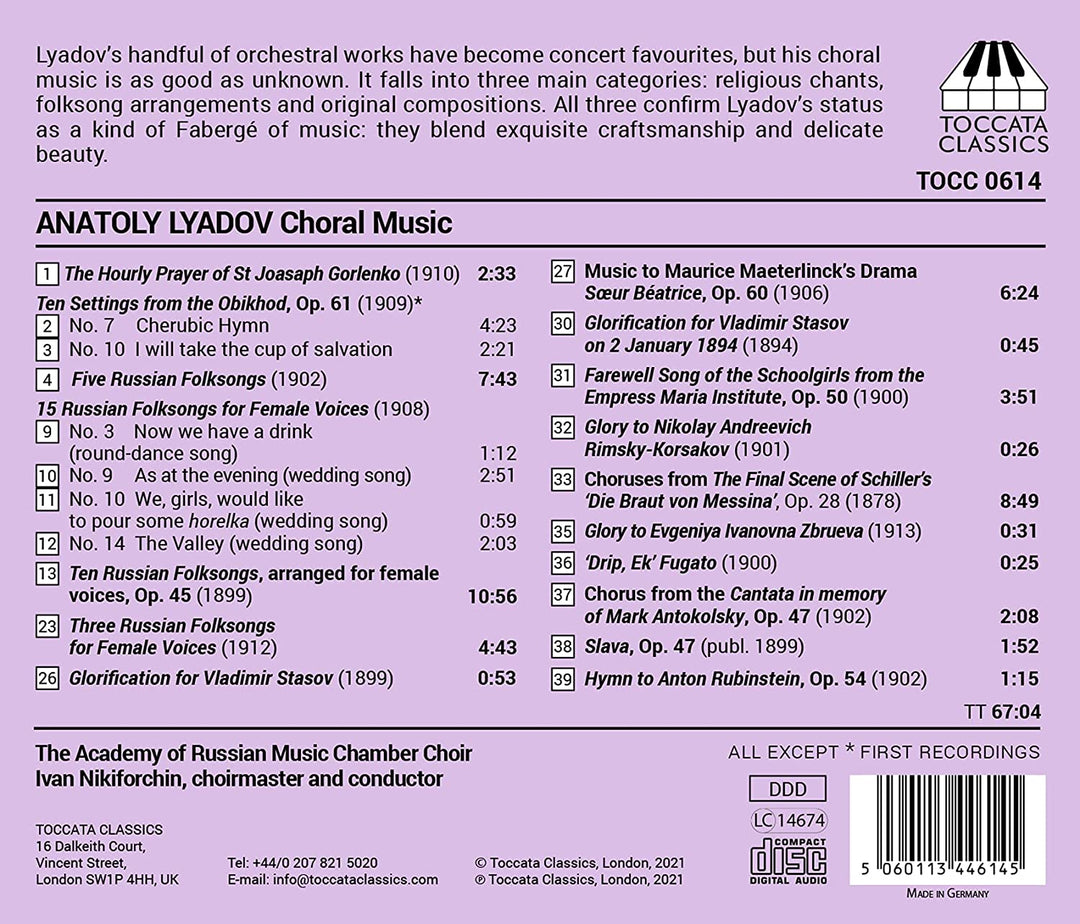 Academy of Russian Music Chamber Choir - Lyadov: Original Choral Works [Academy of Russian Music Chamber Choir; Ivan Nikiforchin] [Toccata Classics: TOCC 0614] [Audio CD]