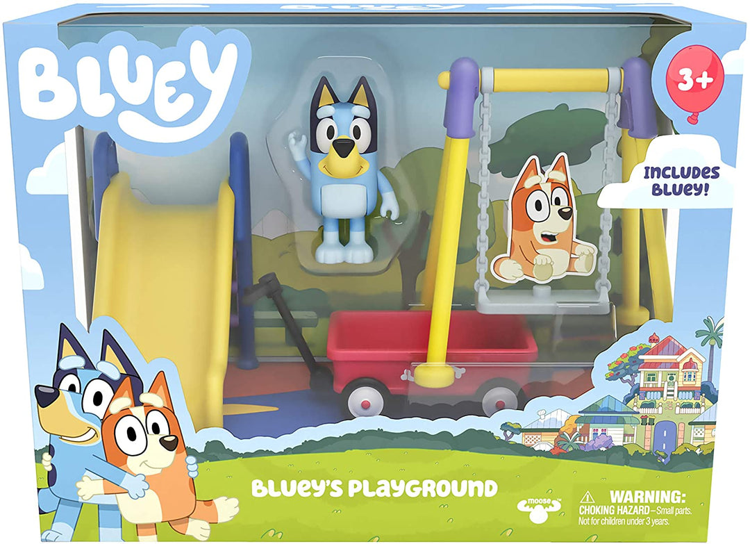 Bluey Park Play Set: Bluey Articulated 2.5 Inch Action Figure and Three Piece Park Playset with Swing, Slide and Ridable Wagon Official Collectable Toy