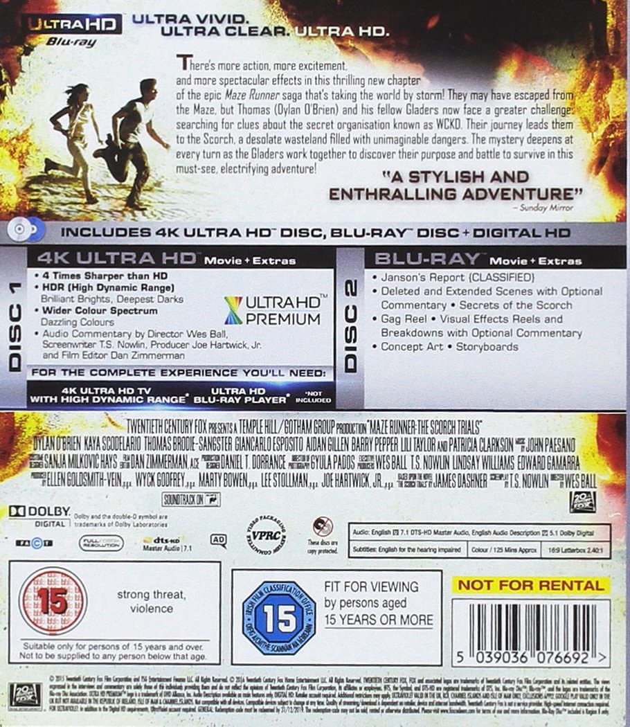 Maze Runner: The Scorch Trials [4K UHD [2015] - Sci-fi/Action [Blu-ray]