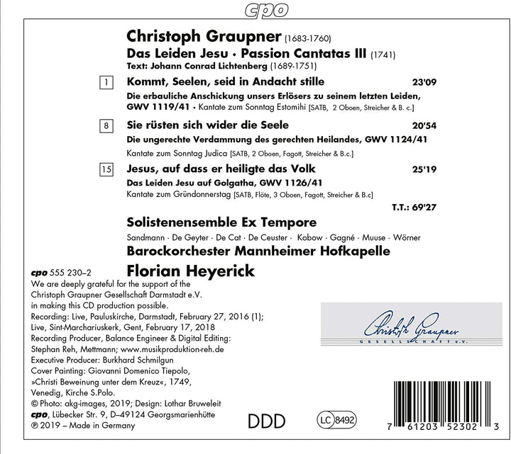 Ex Tempore - Graupner: Das Leiden Jesu [Ex Tempore; Mannheimer Hofkapelle; Florian Heyerick] [Cpo: 555230-2] [Audio CD]