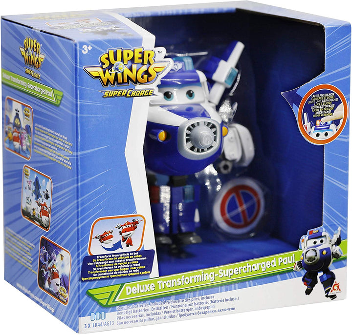 Super Wings EU740925 Paul (Supercharged) Deluxe Transforming Character with Lights and Sounds, Blue