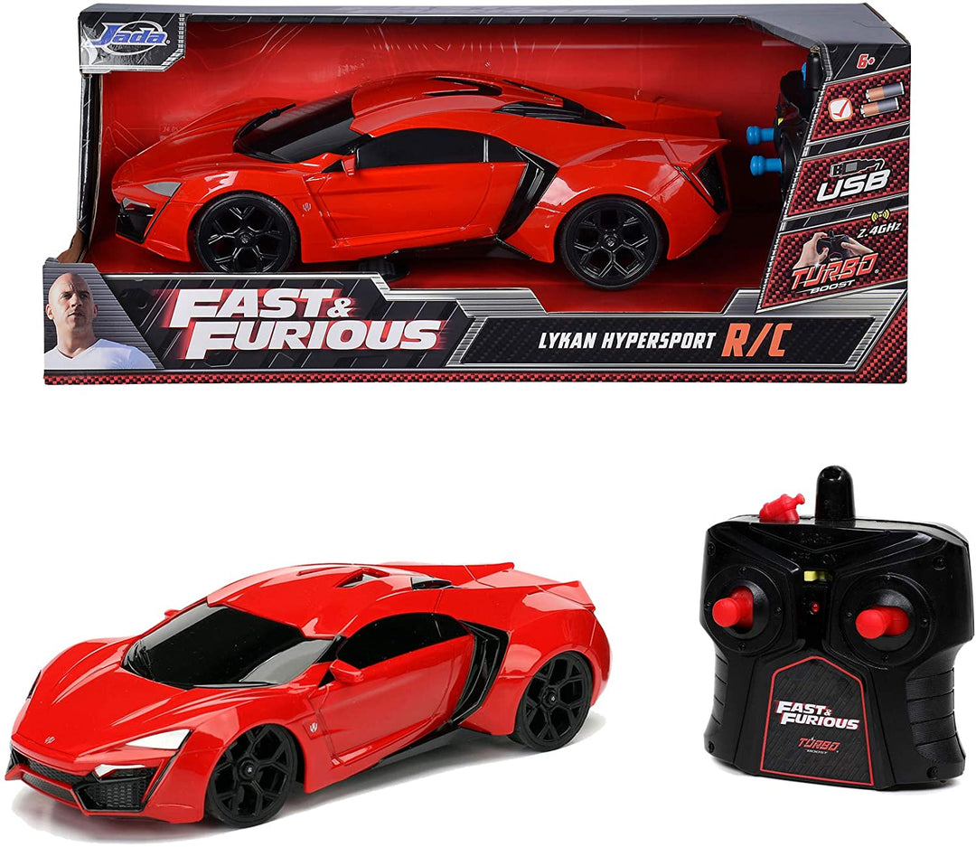 Jada Toys Fast & Furious Lykan Hypersport 253203020 Remote Control 2-Channel Radio Control Turbo Function RC Car Drives Forwards-Backwards, Left-Right, Scale 1:24, Red