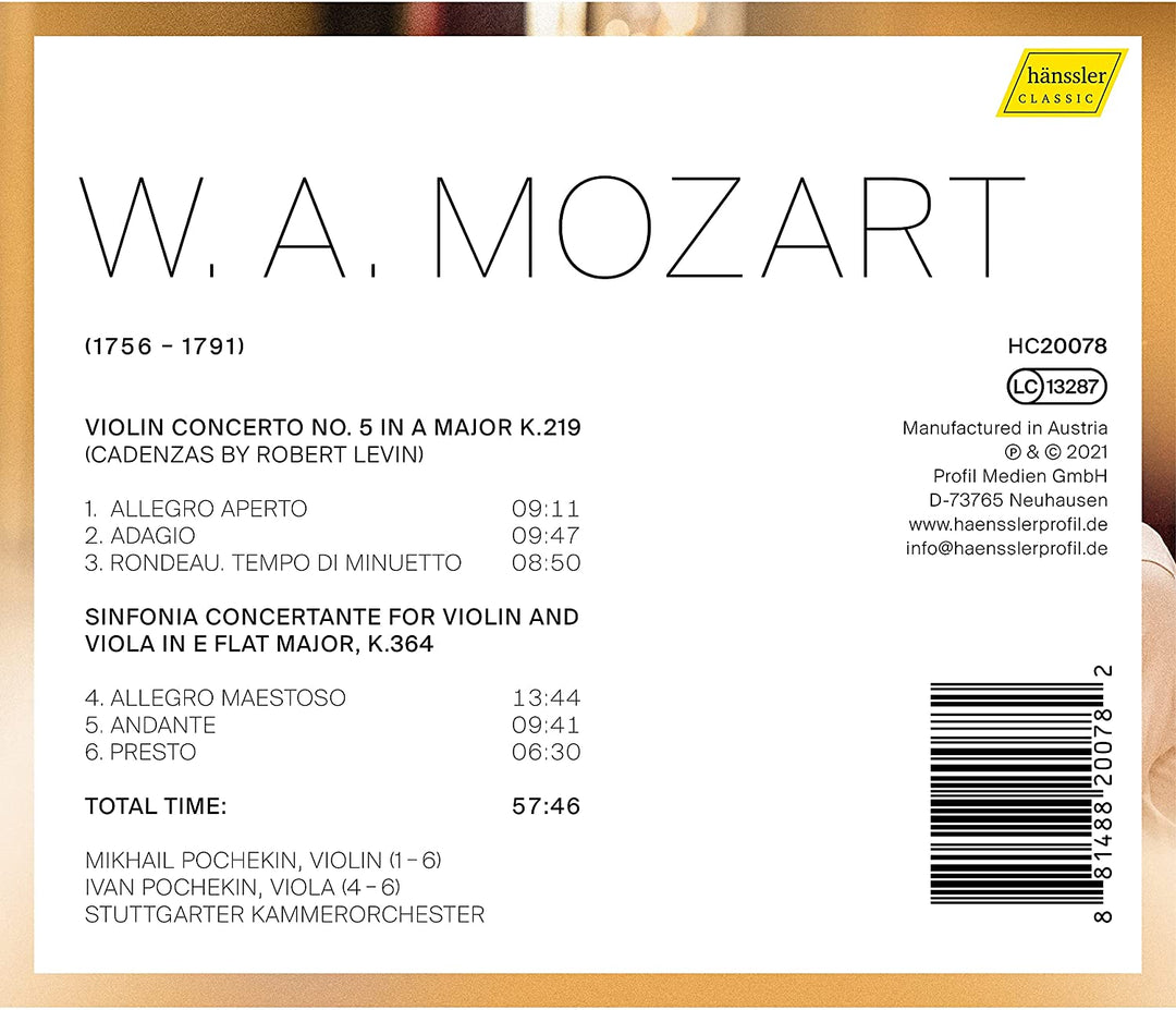 Mozart: Sinfonia Concertante [Mikhael Pochekin; Ivan Pochekin; Stuttgarter Kammerorchester] [Hanssler Classics: HC20078] [Audio CD]