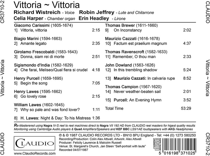 Vittoria - Vittoria: A Recital of Seventeenth Century Italian and English Songs [Richard Wistreich; Celia Harper; Erin Headley ] [Claudio Records: CR3710-2] [Audio CD]