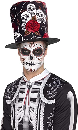 Smiffys Day of the Dead Skull and Rose Top Hat, Multi-Colour, One Size (48035)