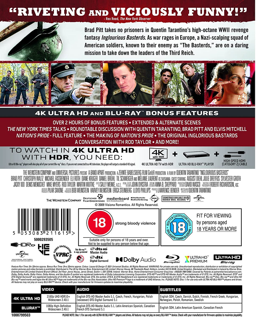 Inglourious Basterds [4K Ultra HD] [2009] [Region Free] - War/Action [Blu-ray]