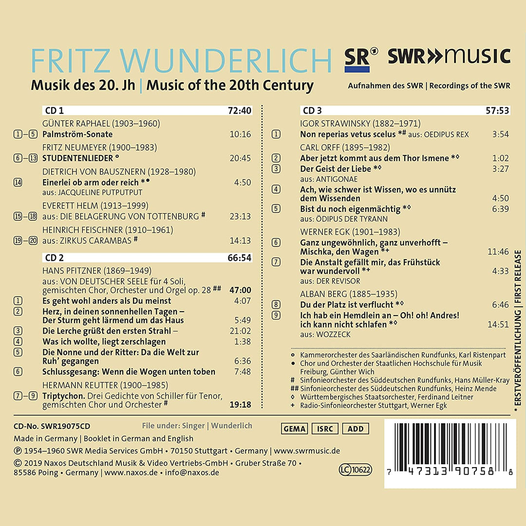 Fritz Wunderlich - Wunderlich: Music of the 20th Century [Fritz Wunderlich; Kammerorchester des Saarländischen Rundfunks; Hans Müller-Kray] [Swr Classic: SWR190 [Audio CD]