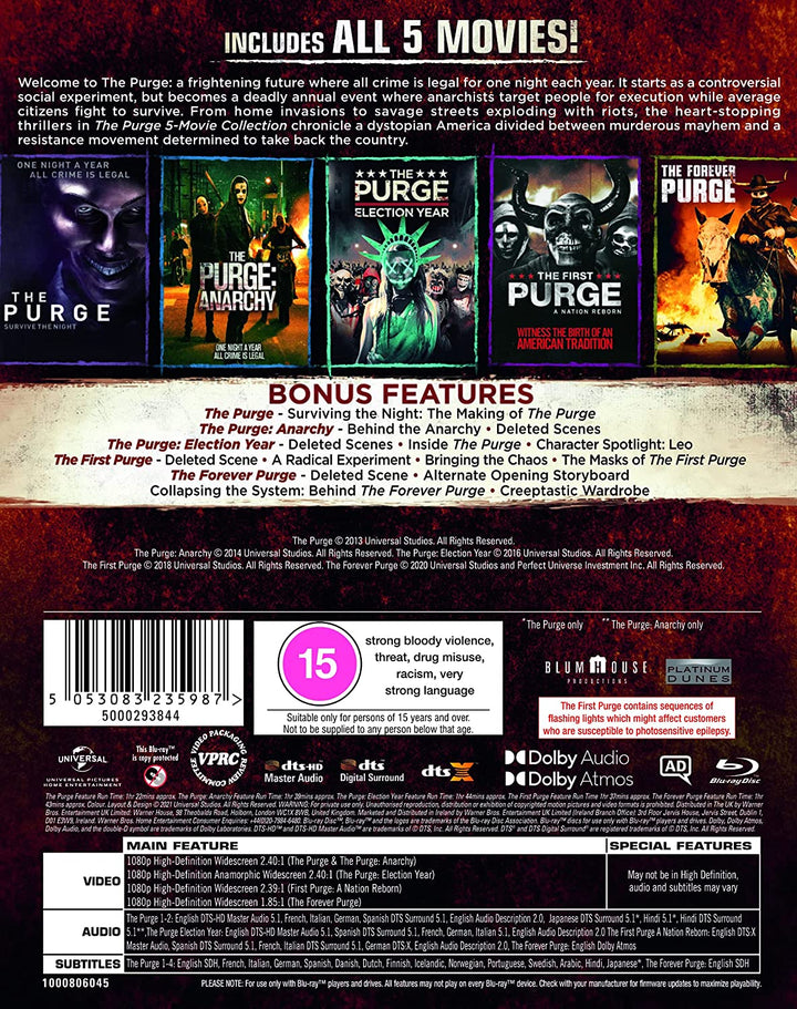 The Purge 1-5 [2021] [Region Free] - Horror/Thriller [Blu-ray]