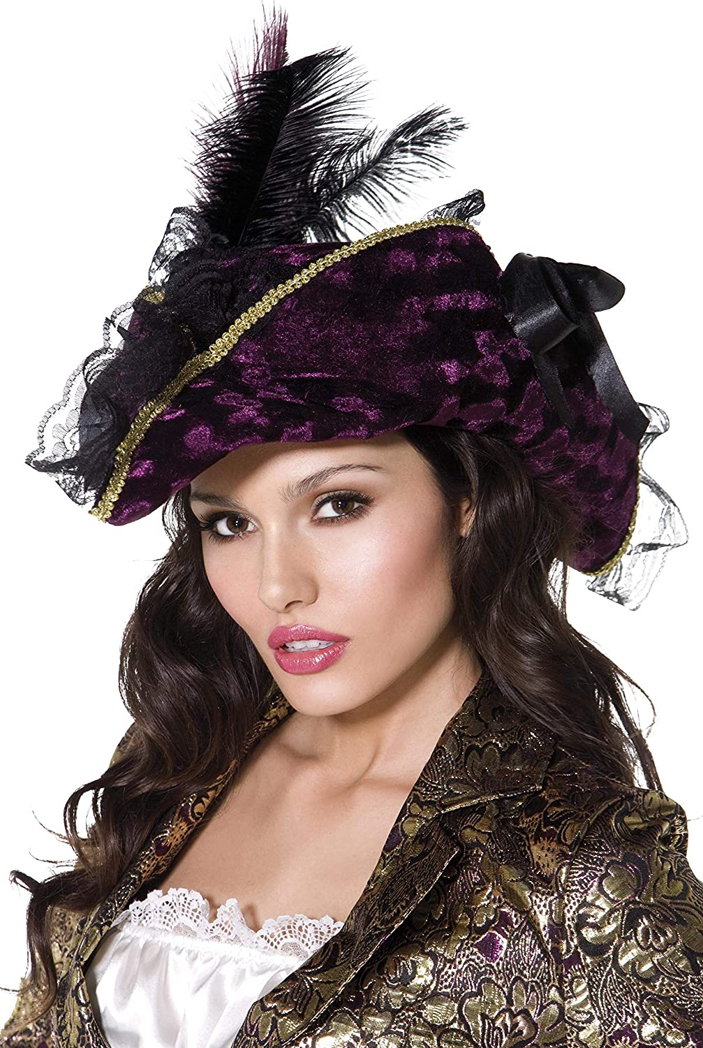 Fever Marauding Pirate Hat with Feathers and Ribbon - Purple